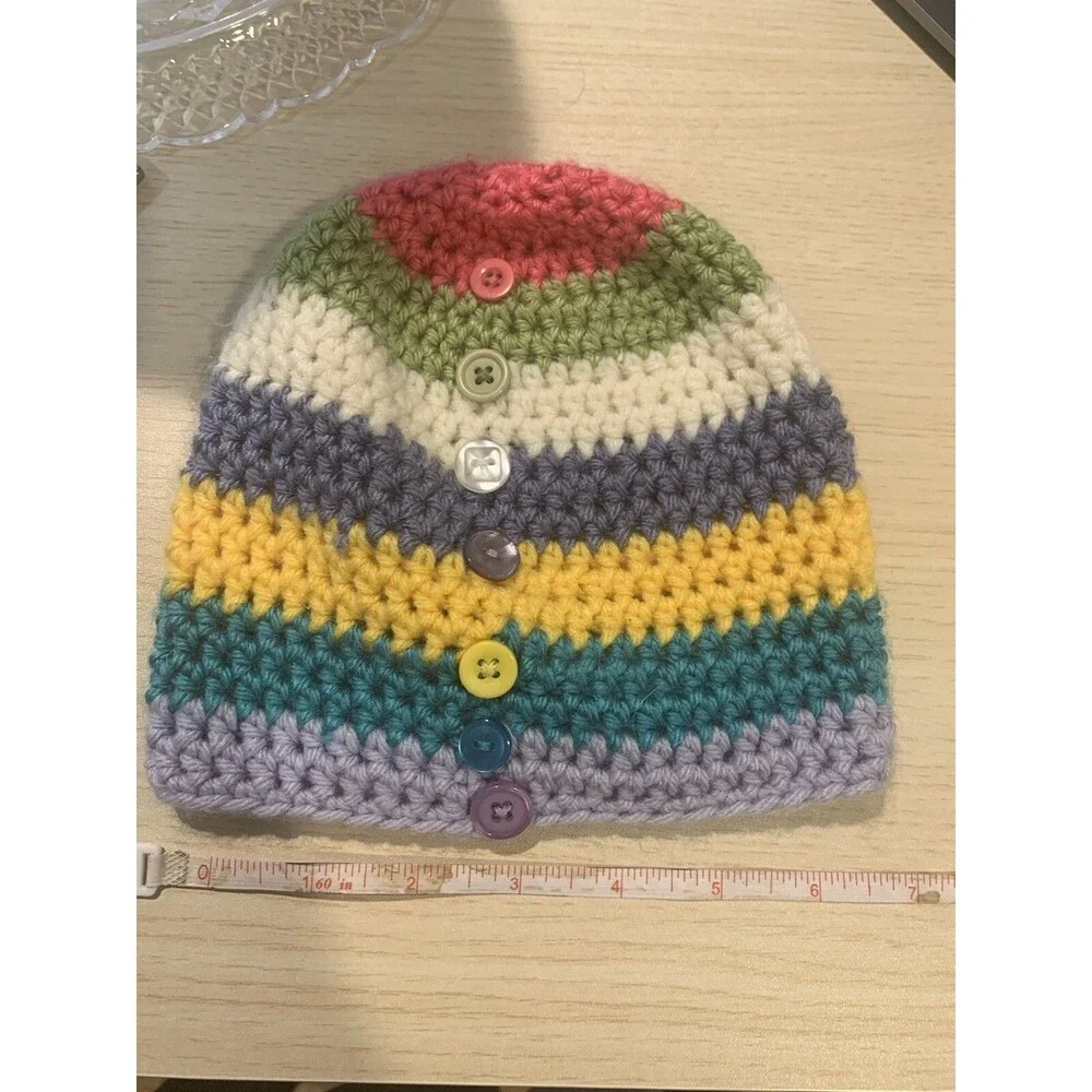 Handmade Baby Knit Beanie rainbow colors and buttons Unisex Beanie One size